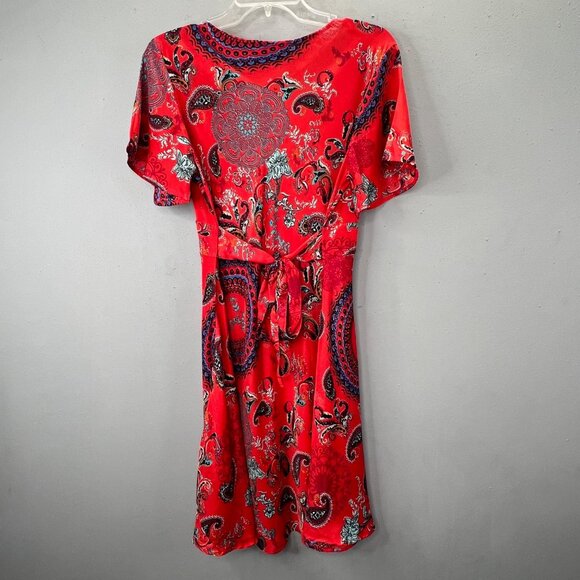 Vintage Coline Red Paisley Dress L Boho Fairy Slinky Bell Sleeve V Neck - Picture 5 of 8